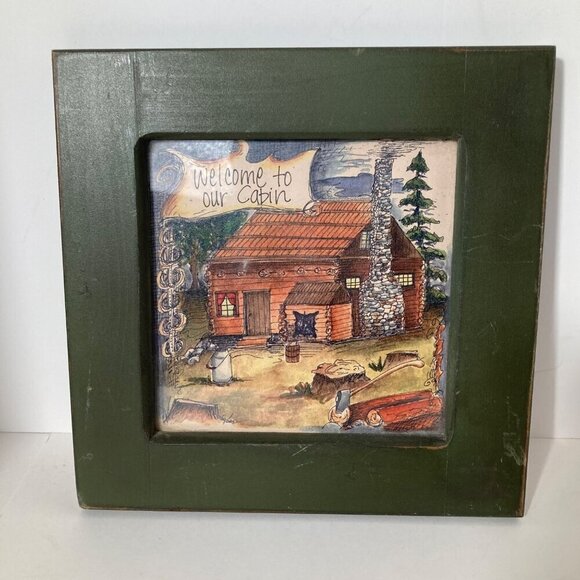 Cabin Watercolor Picture Welcome to Our Cabin Wood Framed Green 8 x8" - Picture 1 of 6